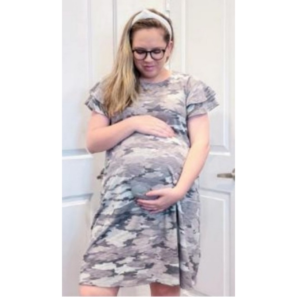Isabel Maternity Tier Flutter Short Sleeve Grey Camouflage Knit Dress